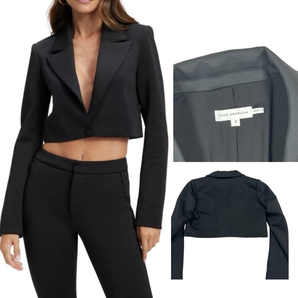 Good American Women's Black Shiny Scuba Cropped Blazer Jacket Size 3